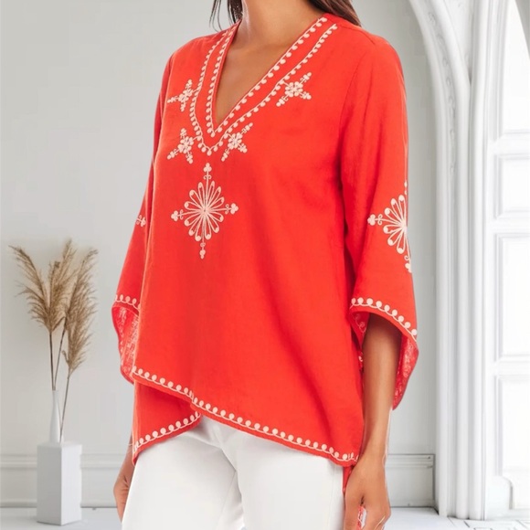 NWT Karen Kane Crossover Top Sz XS Embroidery 3/4 Sleeve Orange Poppy - Picture 2 of 13